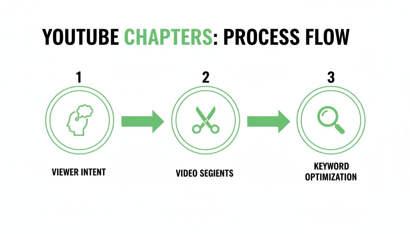 Process flow for creating YouTube chapters, showing viewer intent, video segmentation, and keyword optimization.