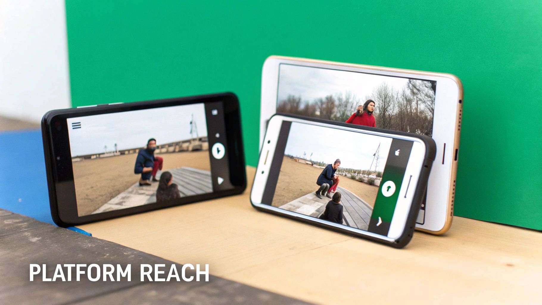Multiple mobile devices display video content of people outdoors, illustrating broad platform reach.