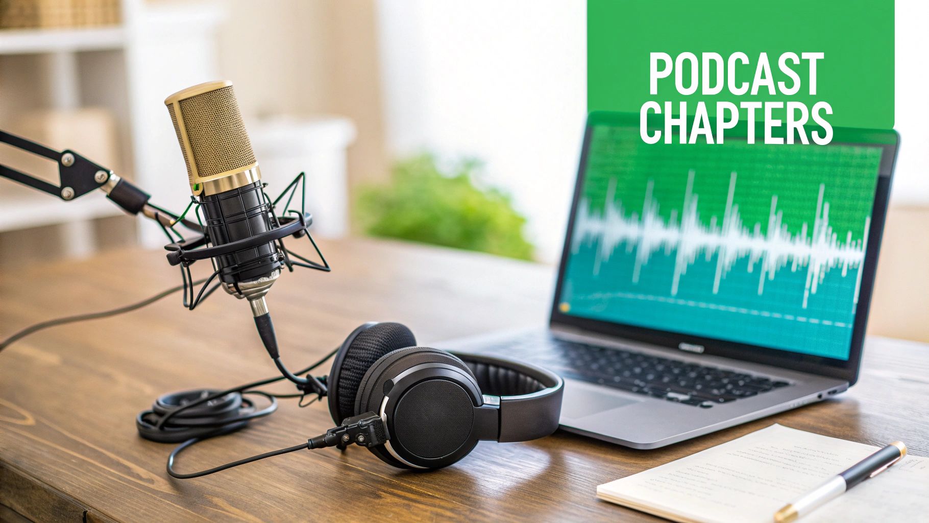 A podcast setup with a gold microphone, black headphones, and a laptop showing sound waves.