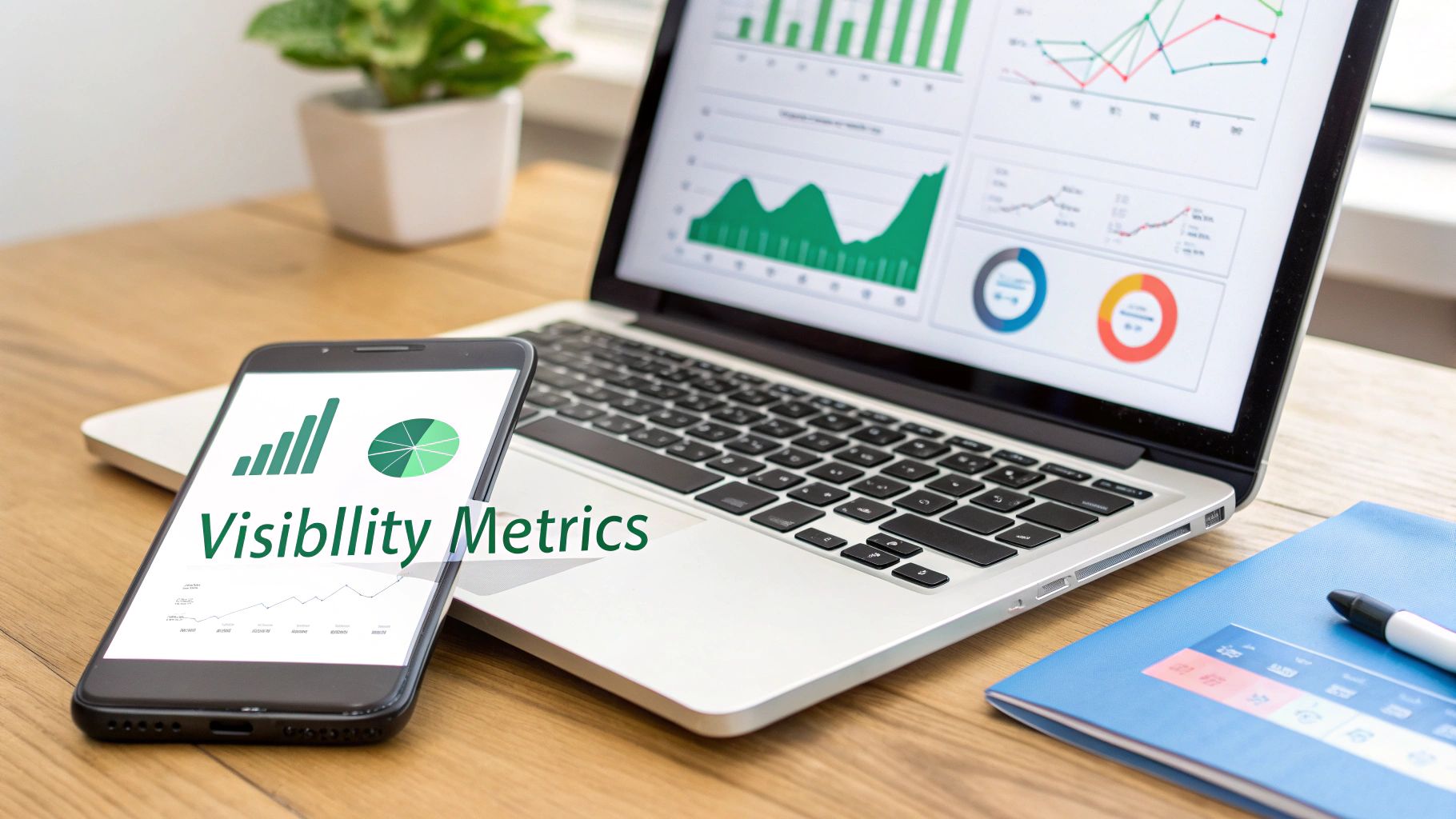 A smartphone displaying 'Visibility Metrics' next to a laptop showing various business analytics graphs on a wooden desk.