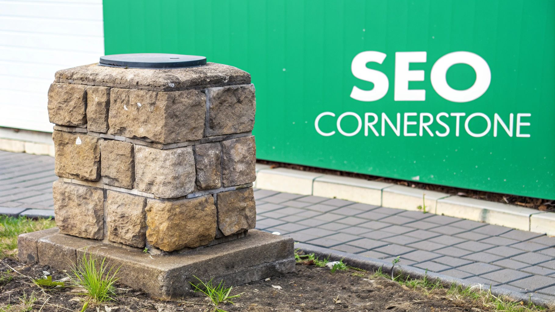 A person placing a final block into a stone arch, symbolizing keyword optimization as the foundational keystone of a successful SEO strategy.