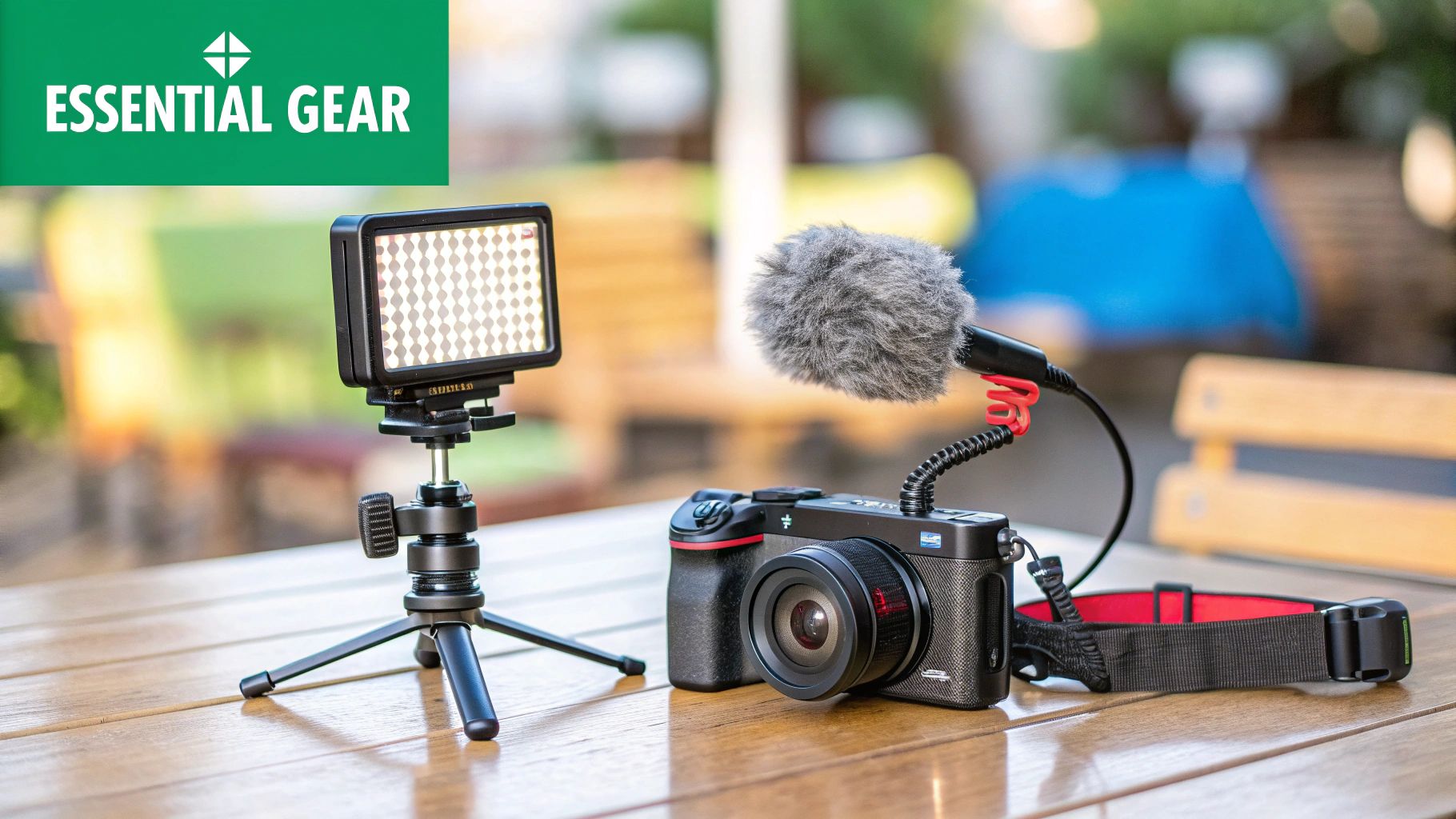 Essential gear for video creation, including a camera, microphone, and LED light on a small tripod.