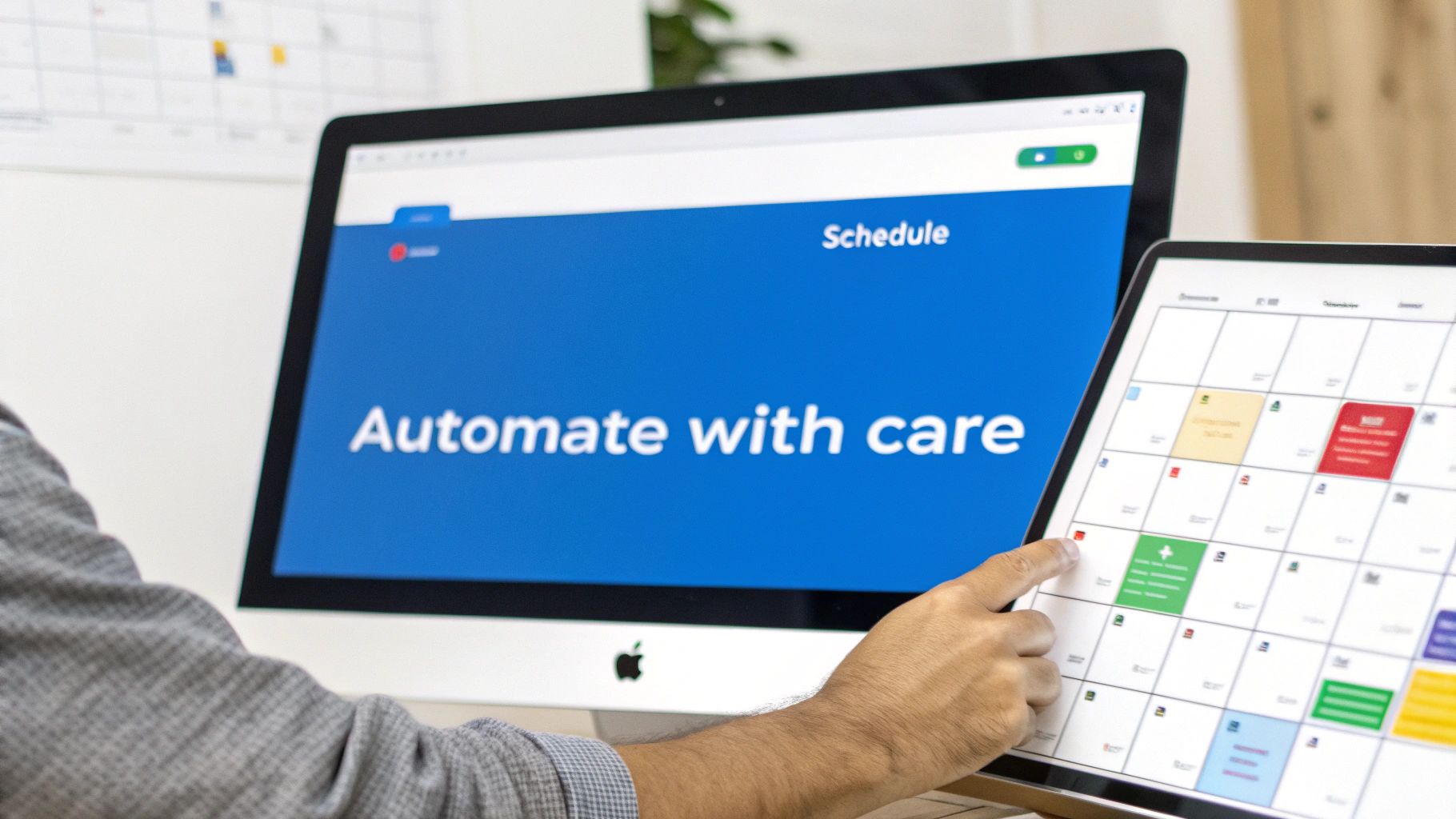 A social media scheduling dashboard showing a visual content calendar and platform-specific post previews.