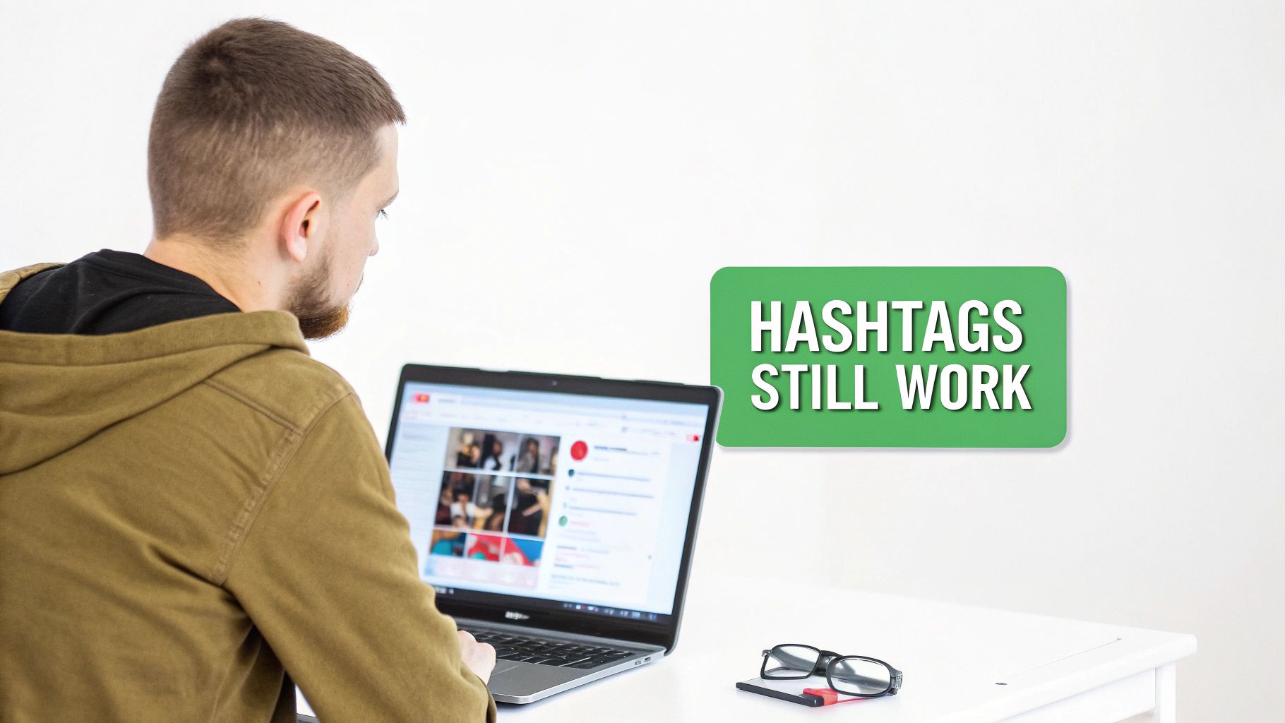 Rear view of a man using a laptop displaying social media, with a 'HASHTAGS STILL WORK' sign.