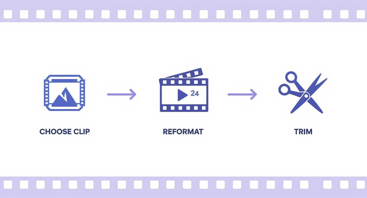 Infographic showing the video preparation process: Choose Clip, Reformat, and Trim.