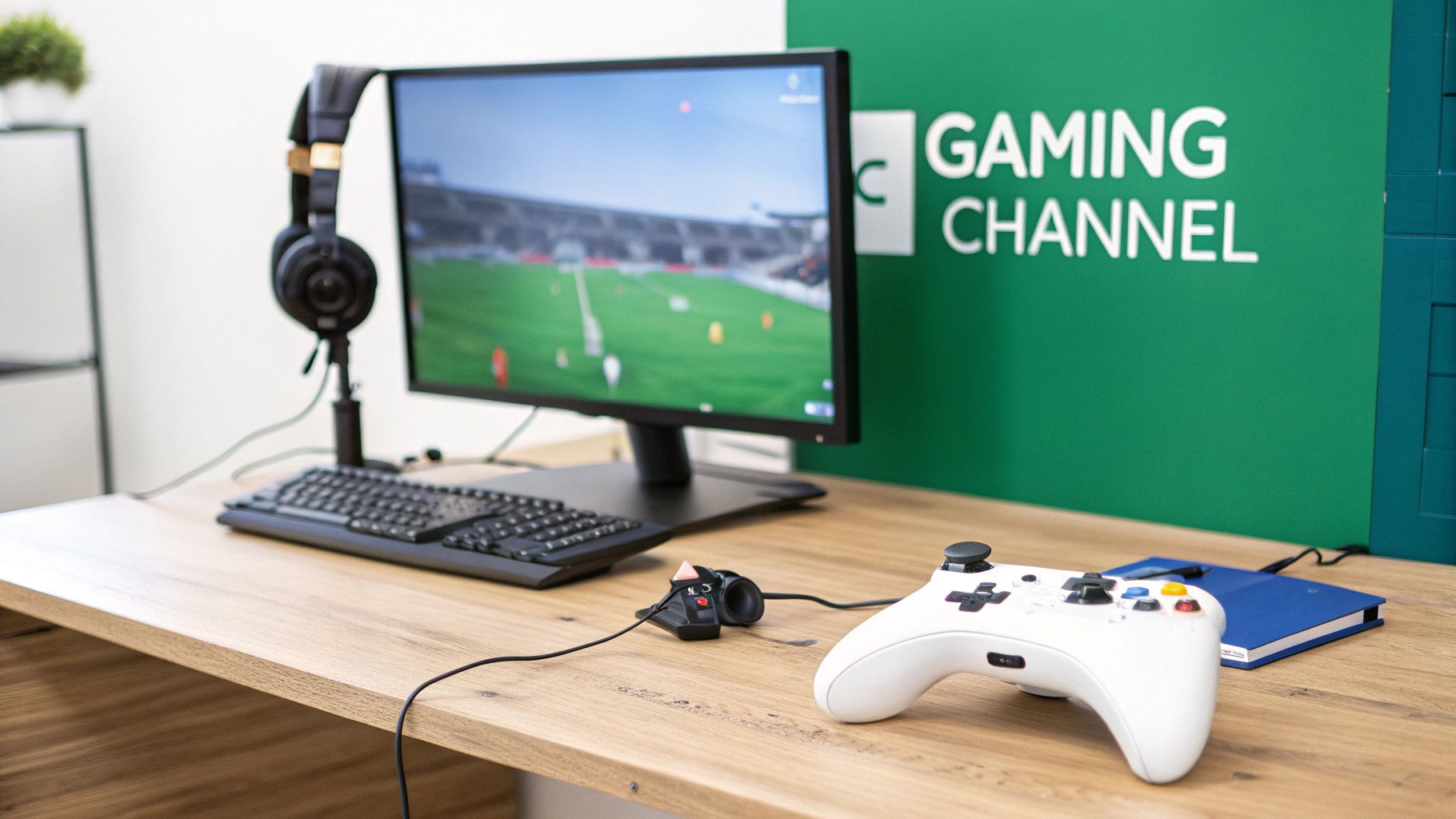 A modern gaming setup featuring a monitor with a game, headphones, keyboard, and a white controller on a wooden desk.