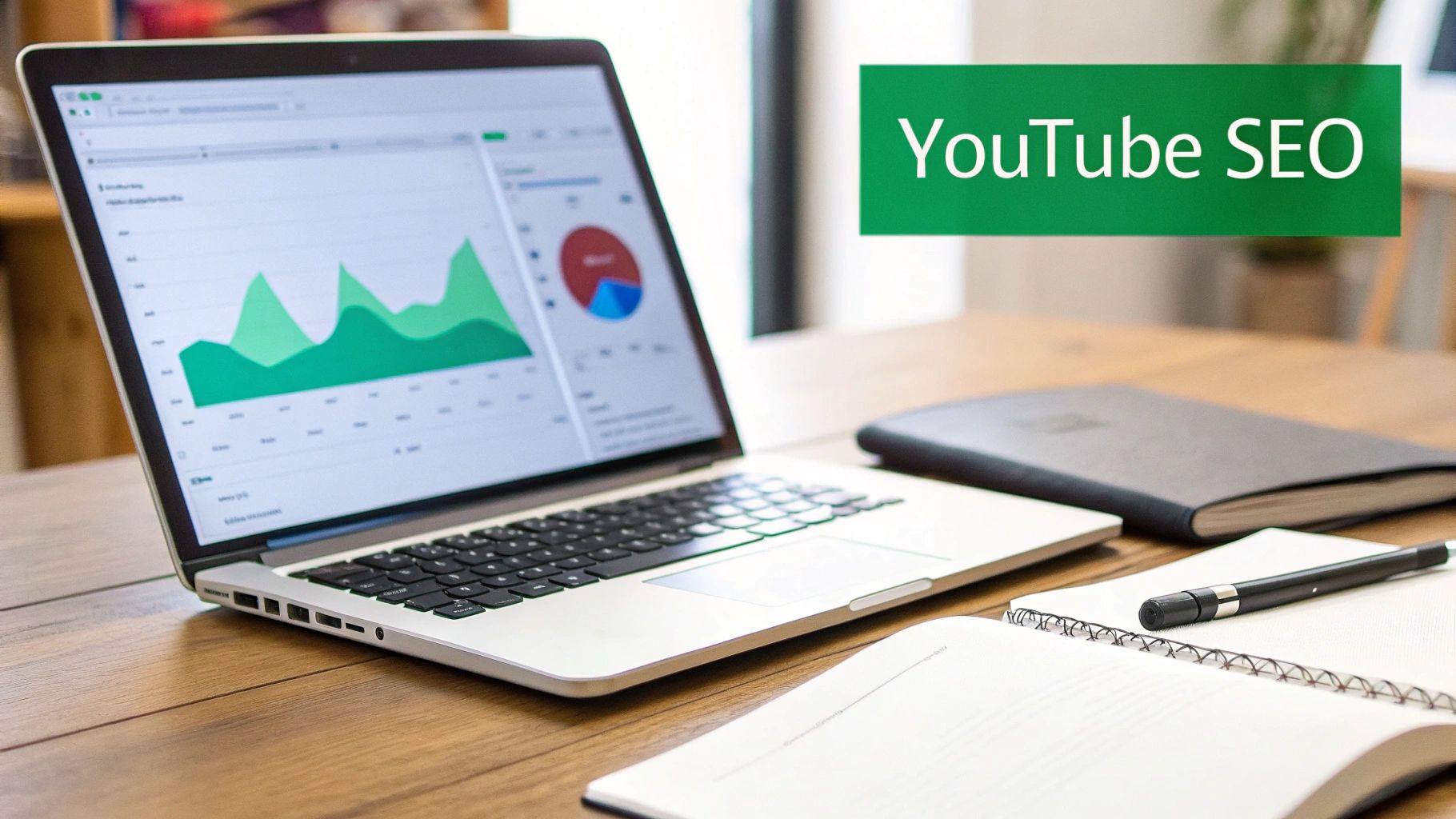 A laptop on a wooden desk displays analytics charts with a 'YouTube SEO' text overlay.