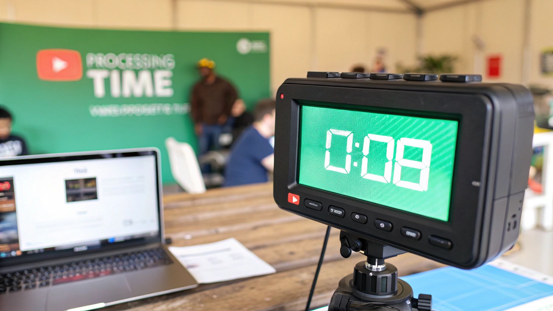 A person looking at a computer screen with a magnifying glass, analyzing YouTube video settings.