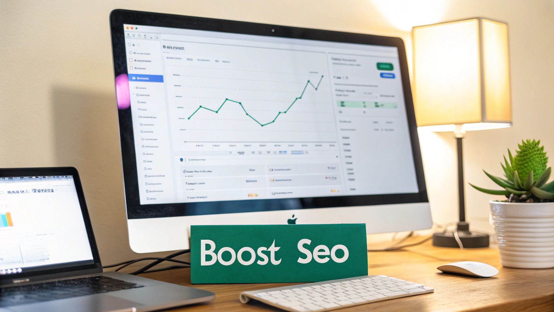 A desk setup with a monitor displaying SEO analytics, a laptop, keyboard, and a 'Boost Seo' sign.