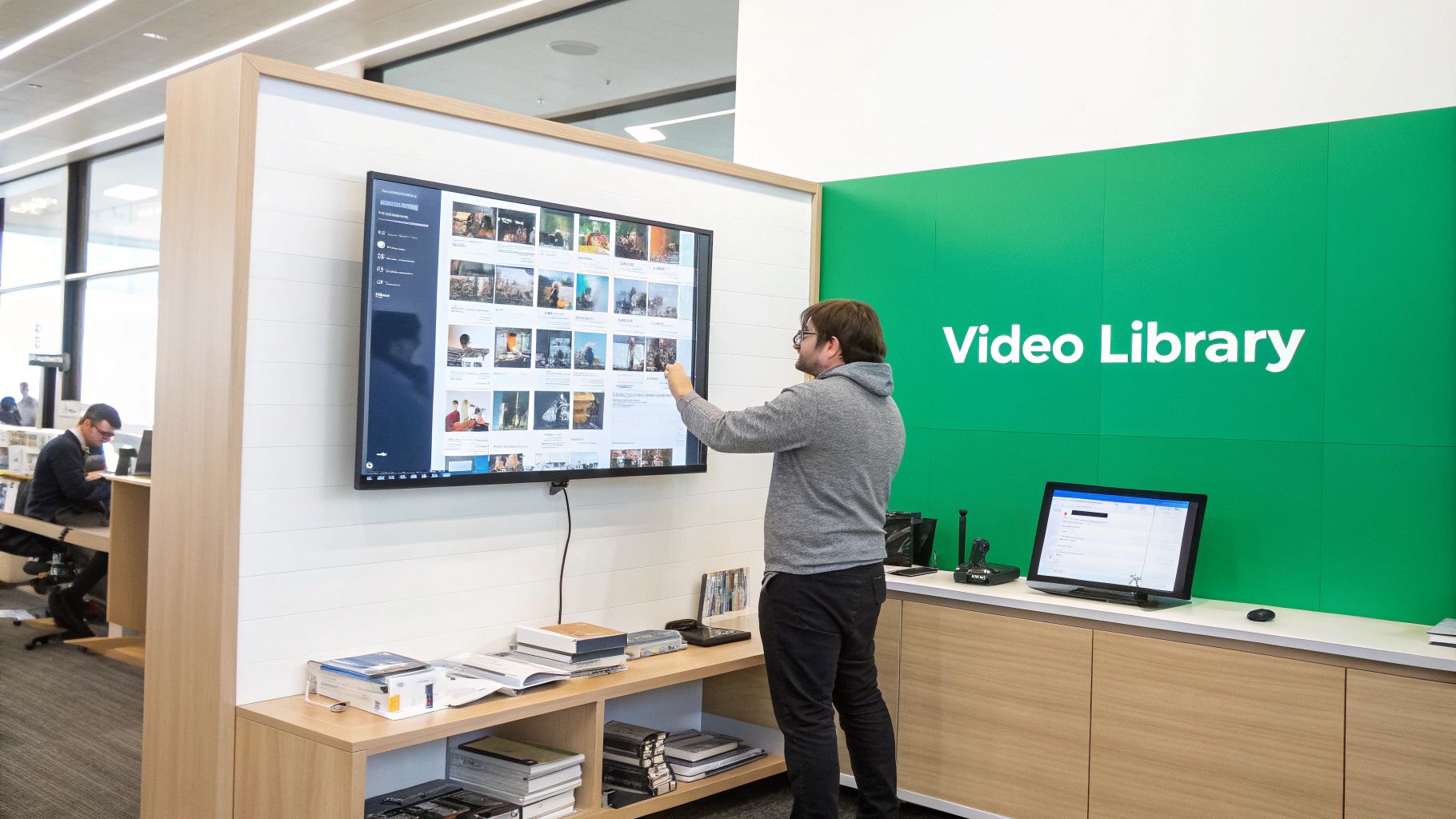 A man interacts with a large touch screen displaying a video library in a modern office setting.