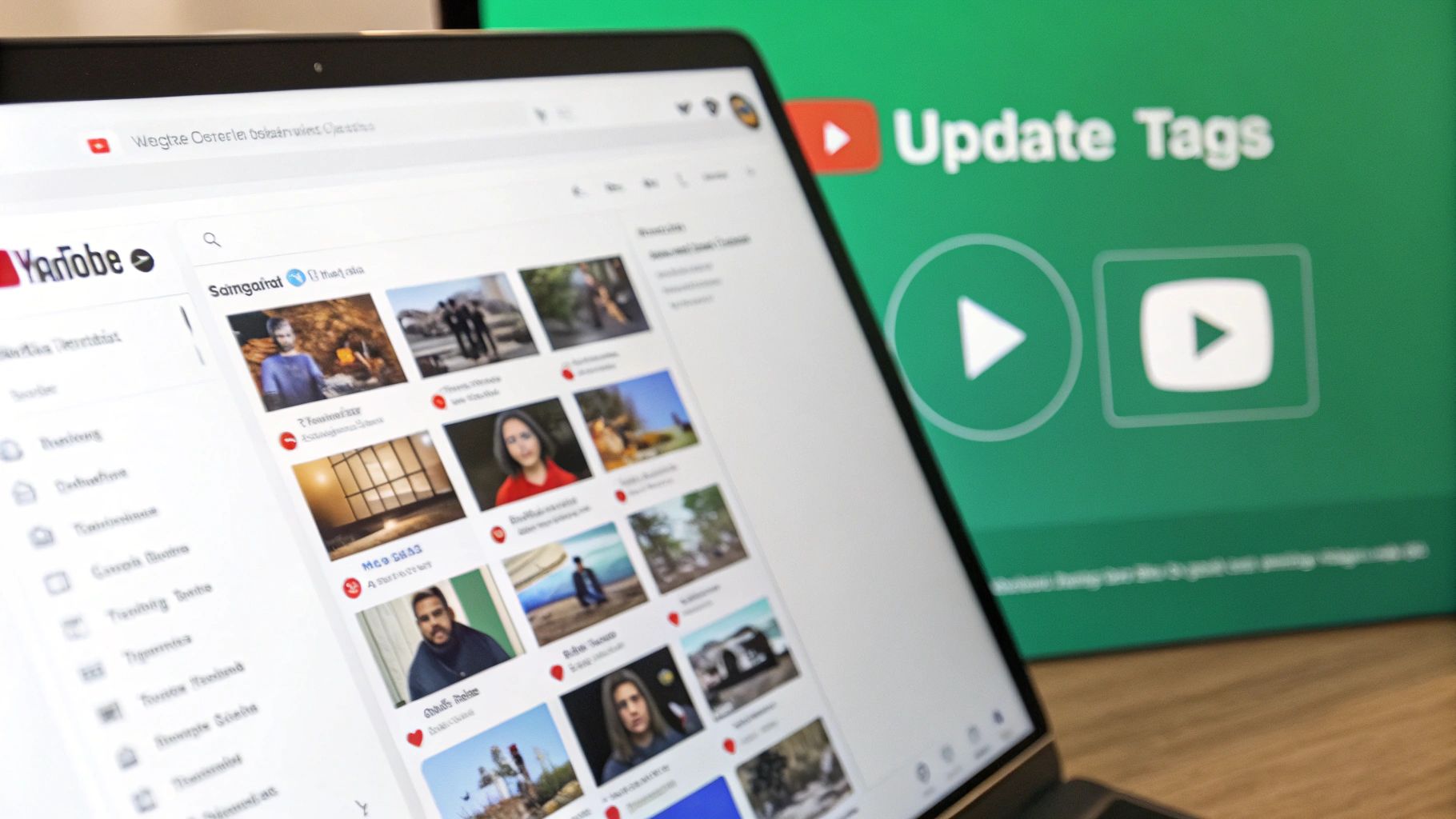 A person at a desk reviewing YouTube analytics on a laptop, indicating the process of updating existing video content.