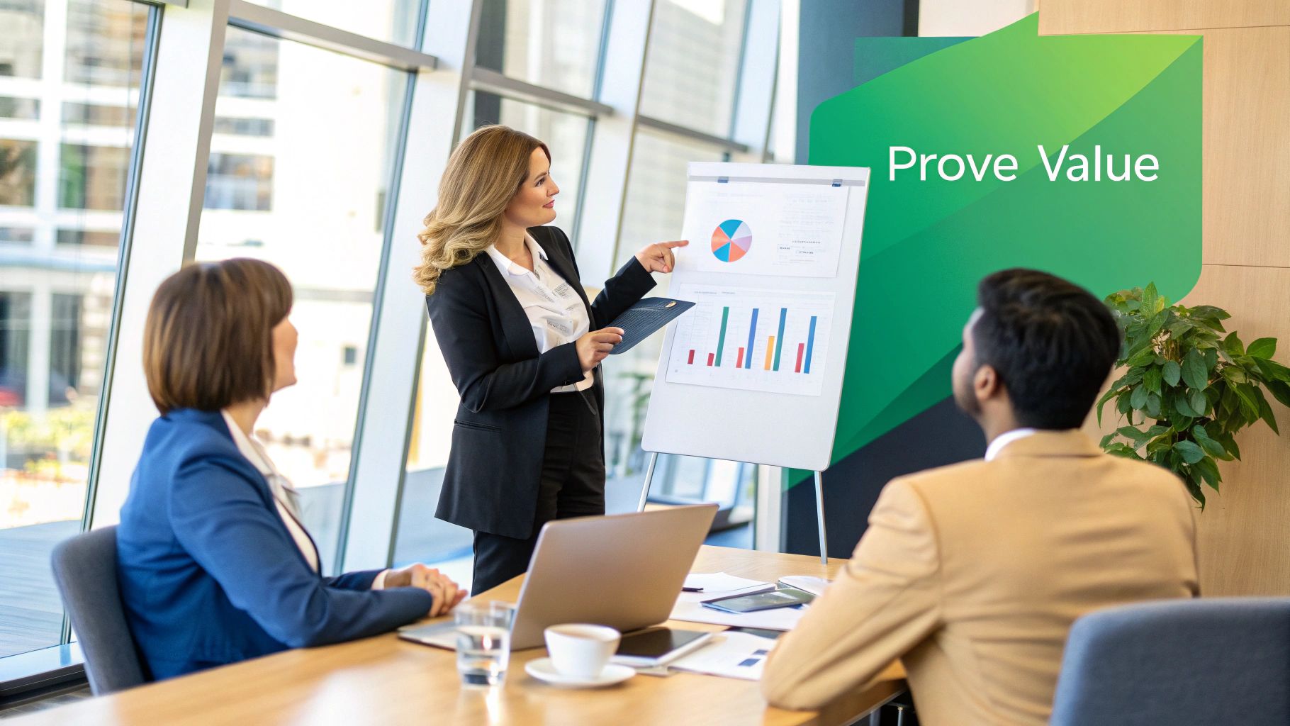 A person pointing at a whiteboard with charts and graphs, illustrating the process of analyzing content marketing ROI.