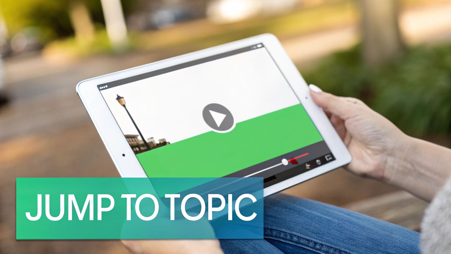 A person holds a tablet playing a video with a street lamp and a 'JUMP TO TOPIC' banner.