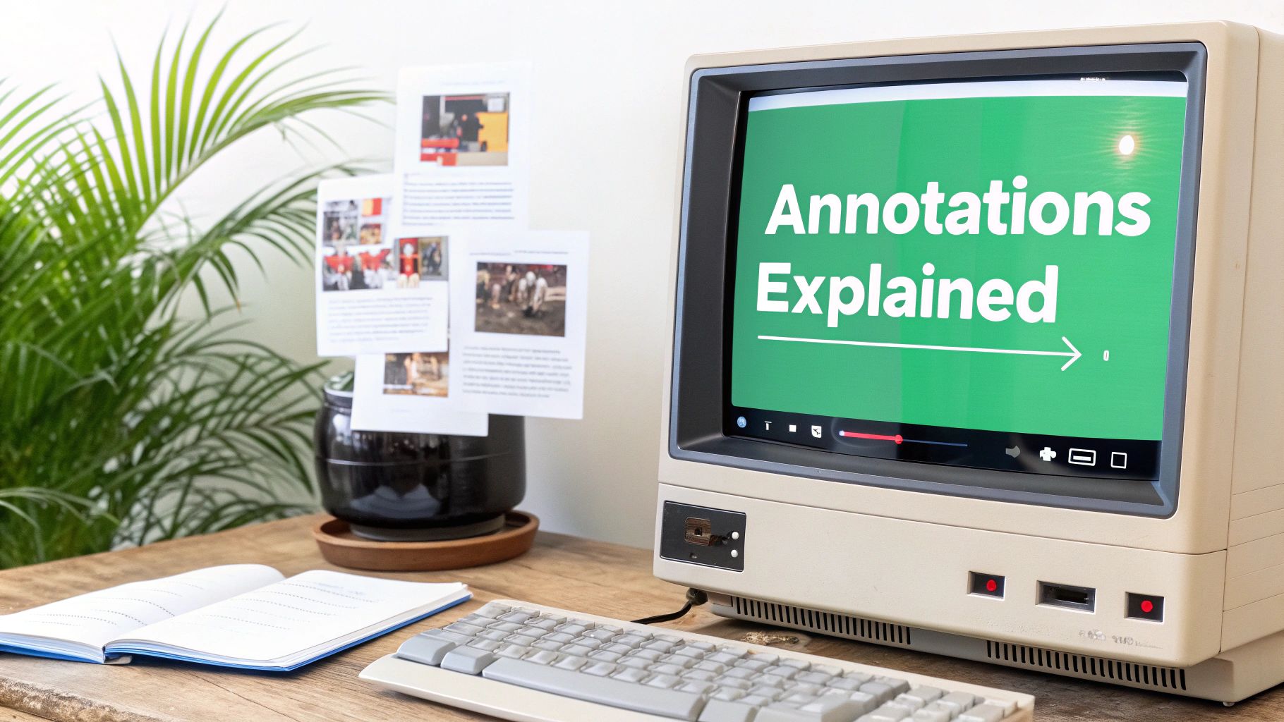 A retro computer screen displays "Annotations Explained" with an arrow, next to a notebook and papers.