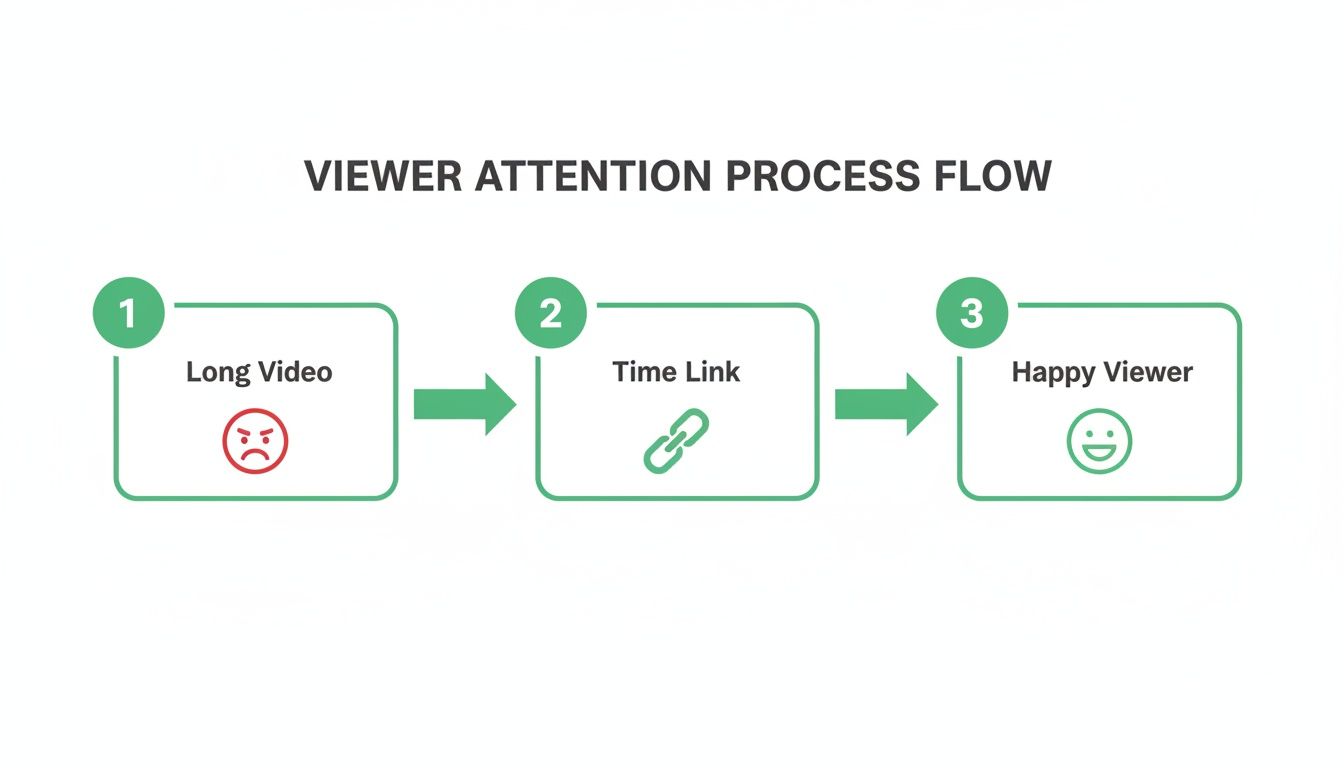 Process flow diagram showing long videos (unhappy) become happy viewers with time links.