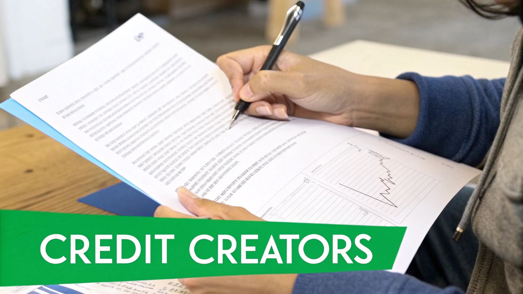 Person signing legal contract documents with pen, credit creators banner visible at bottom