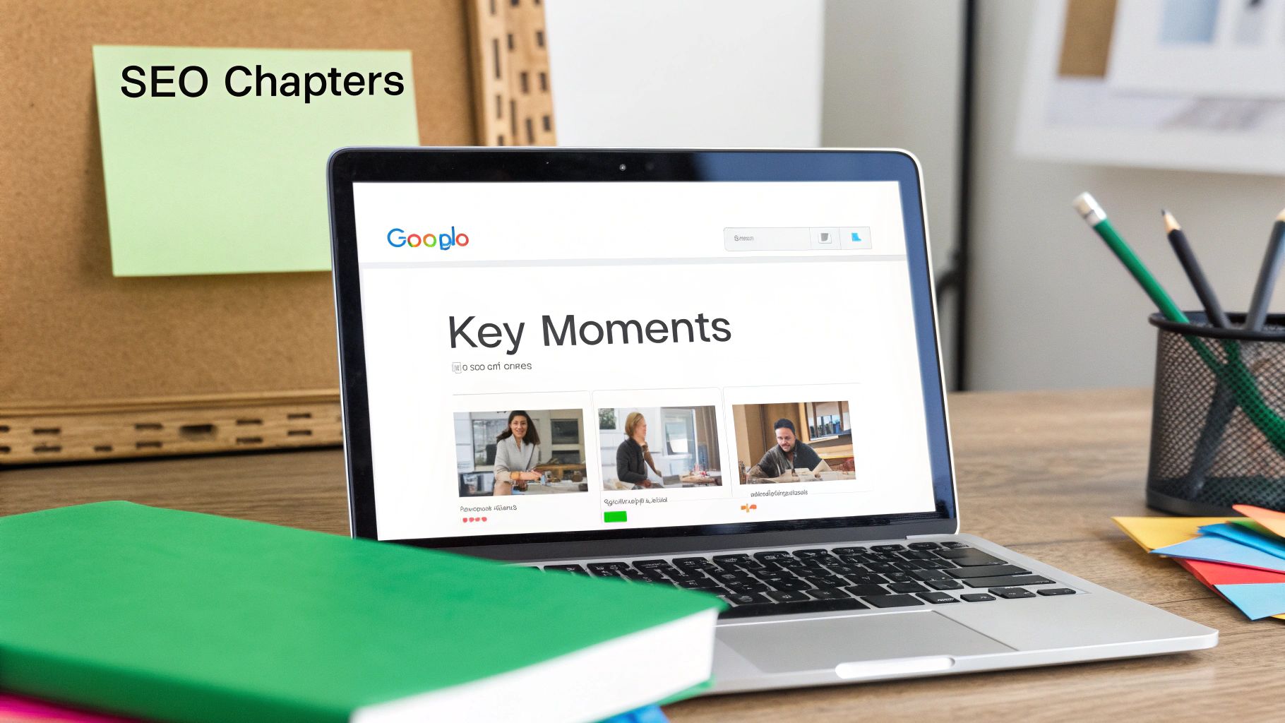 A laptop displaying 'Key Moments' and 'Googlo' next to a green notebook and 'SEO Chapters' sticky note.