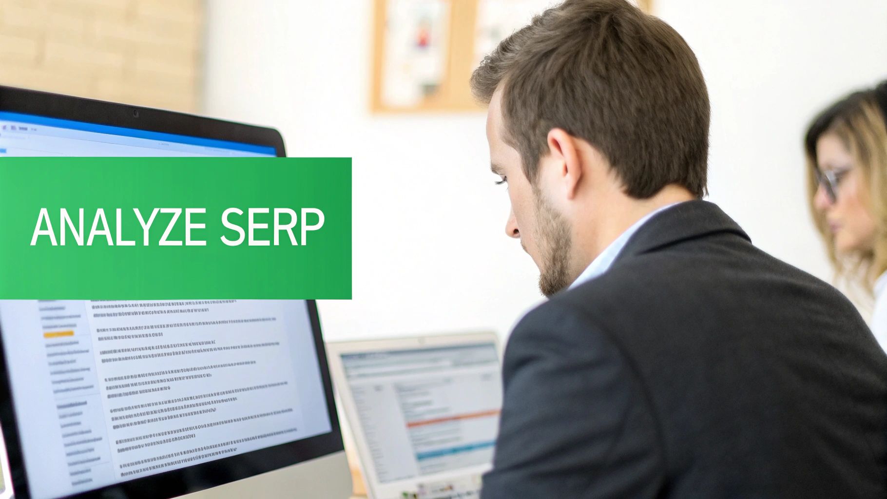 A person using a magnifying glass to inspect a search bar on a computer screen, representing keyword analysis.