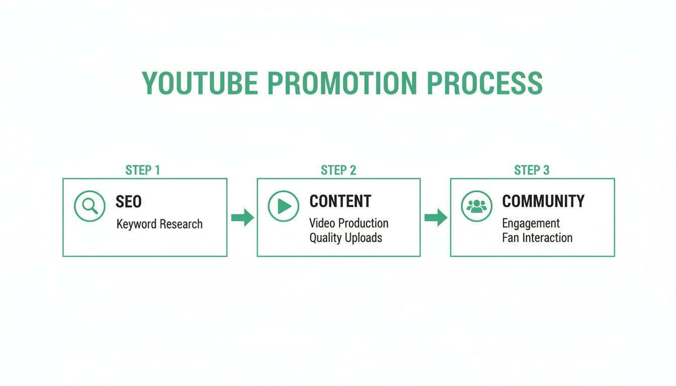 A three-step YouTube promotion process flowchart showing SEO, Content, and Community steps.