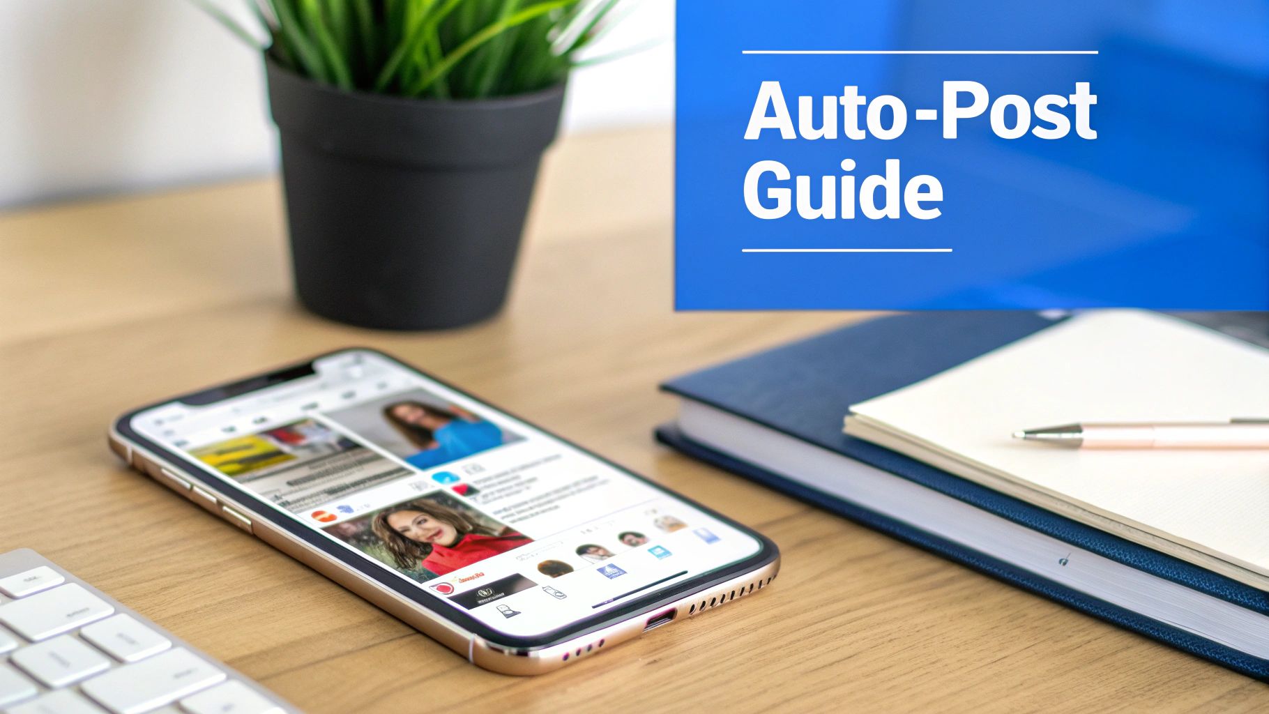 A phone showing the Instagram and Facebook app logos connected by an arrow, symbolizing auto-posting.