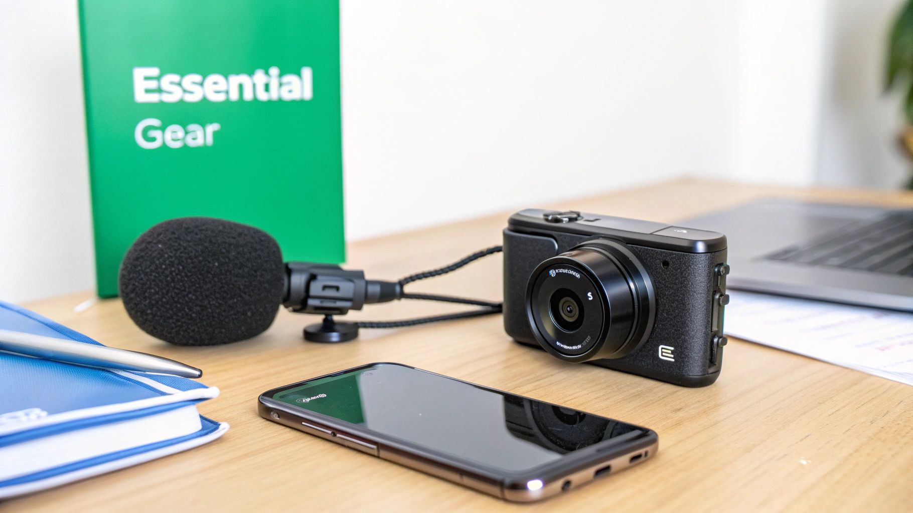 A person setting up a camera and microphone for a video recording session