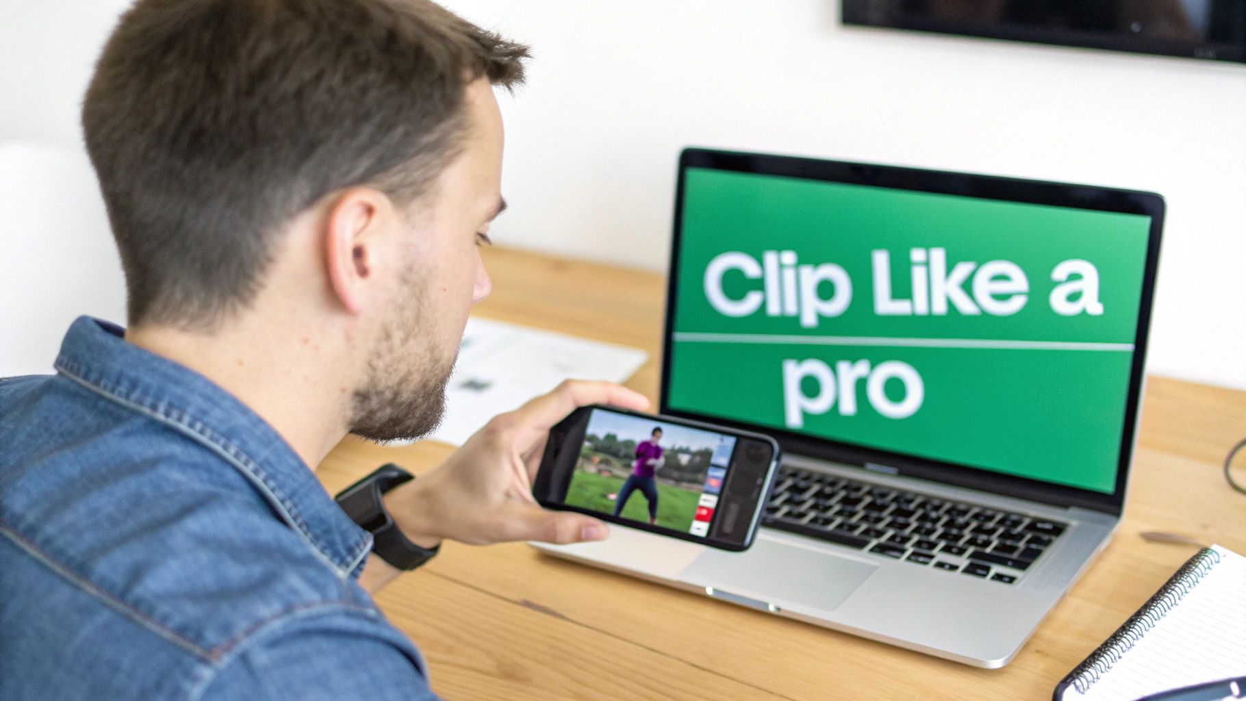 Person watching video content on phone while laptop displays Clip Like a Pro text