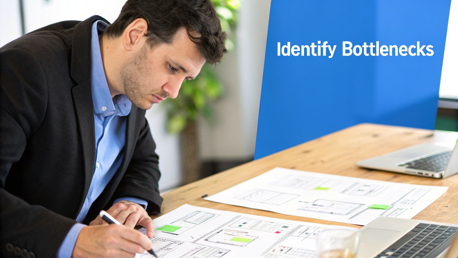 A focused team working together at a desk, collaborating on streamlining business processes.