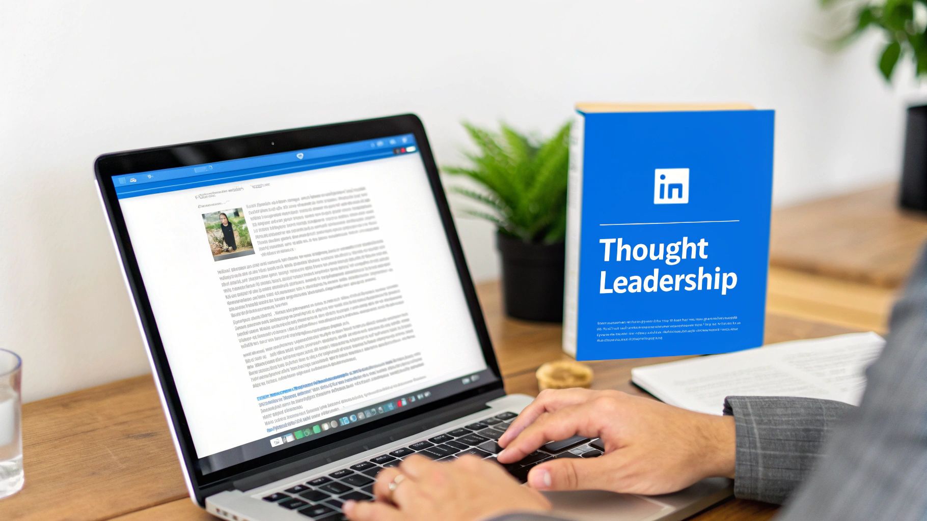 A person typing on a laptop with a focused expression, representing content creation on LinkedIn.