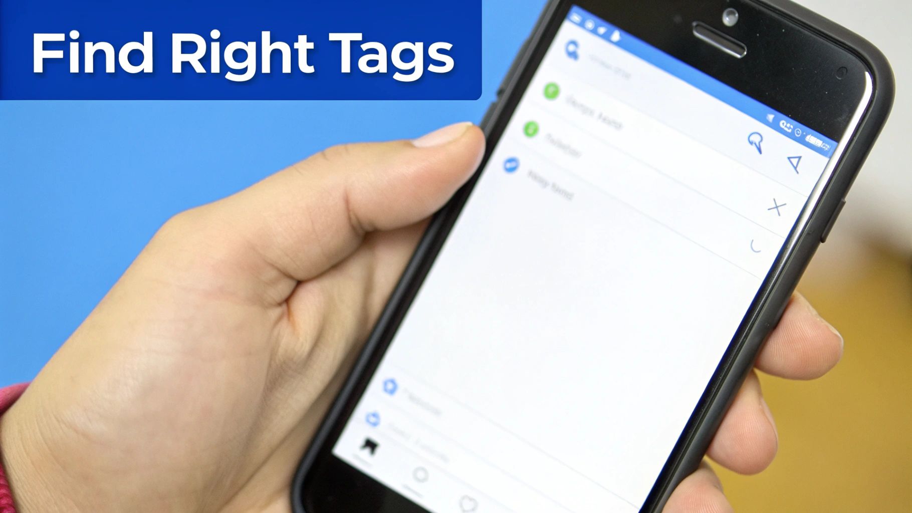 A magnifying glass hovering over a screen with various hashtag symbols, representing the process of searching for and finding the right hashtags.