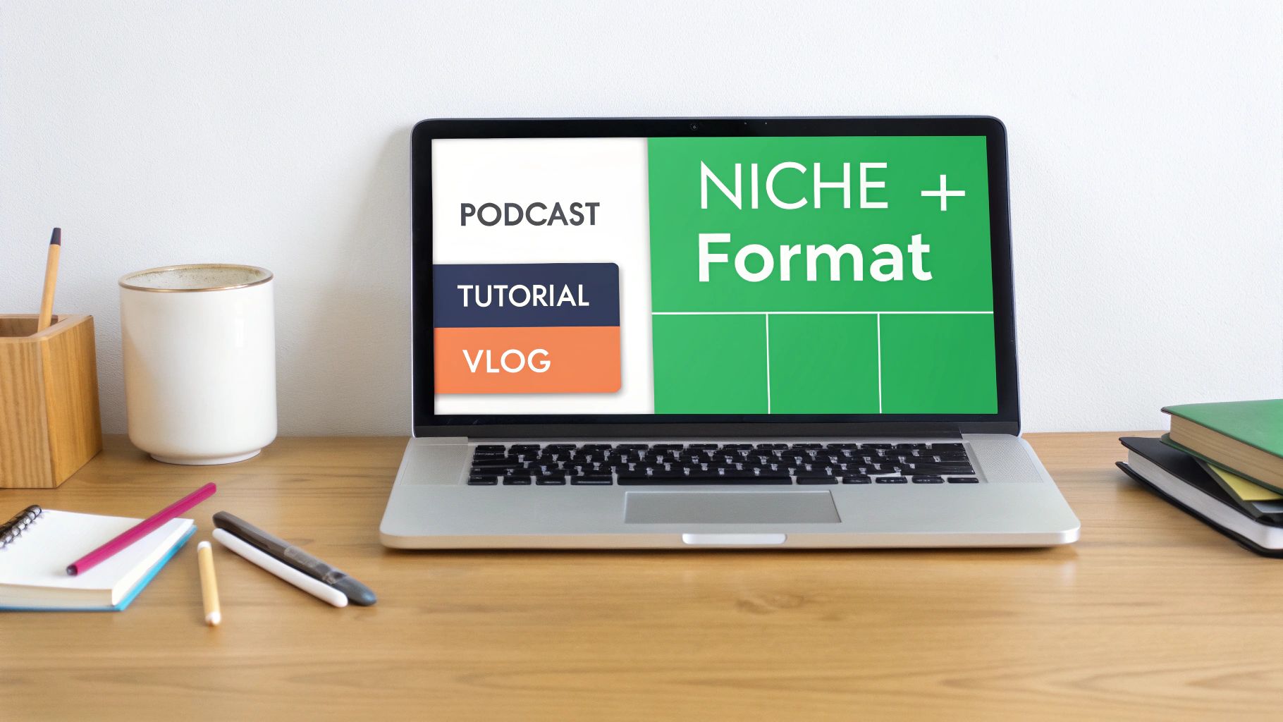 A laptop on a wooden desk displaying 'Niche + Format' with content types like 'Podcast' and 'Vlog'.