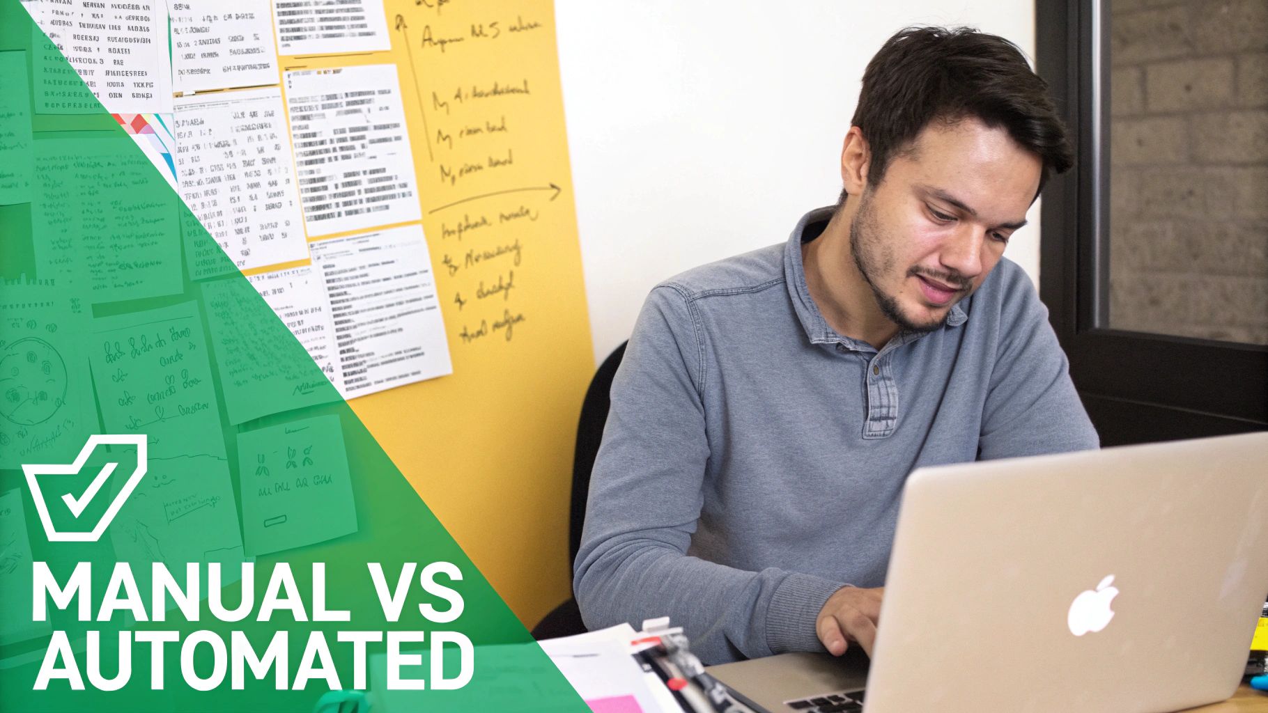 A focused man works on a laptop, with 'Manual vs Automated' text and notes on the wall.