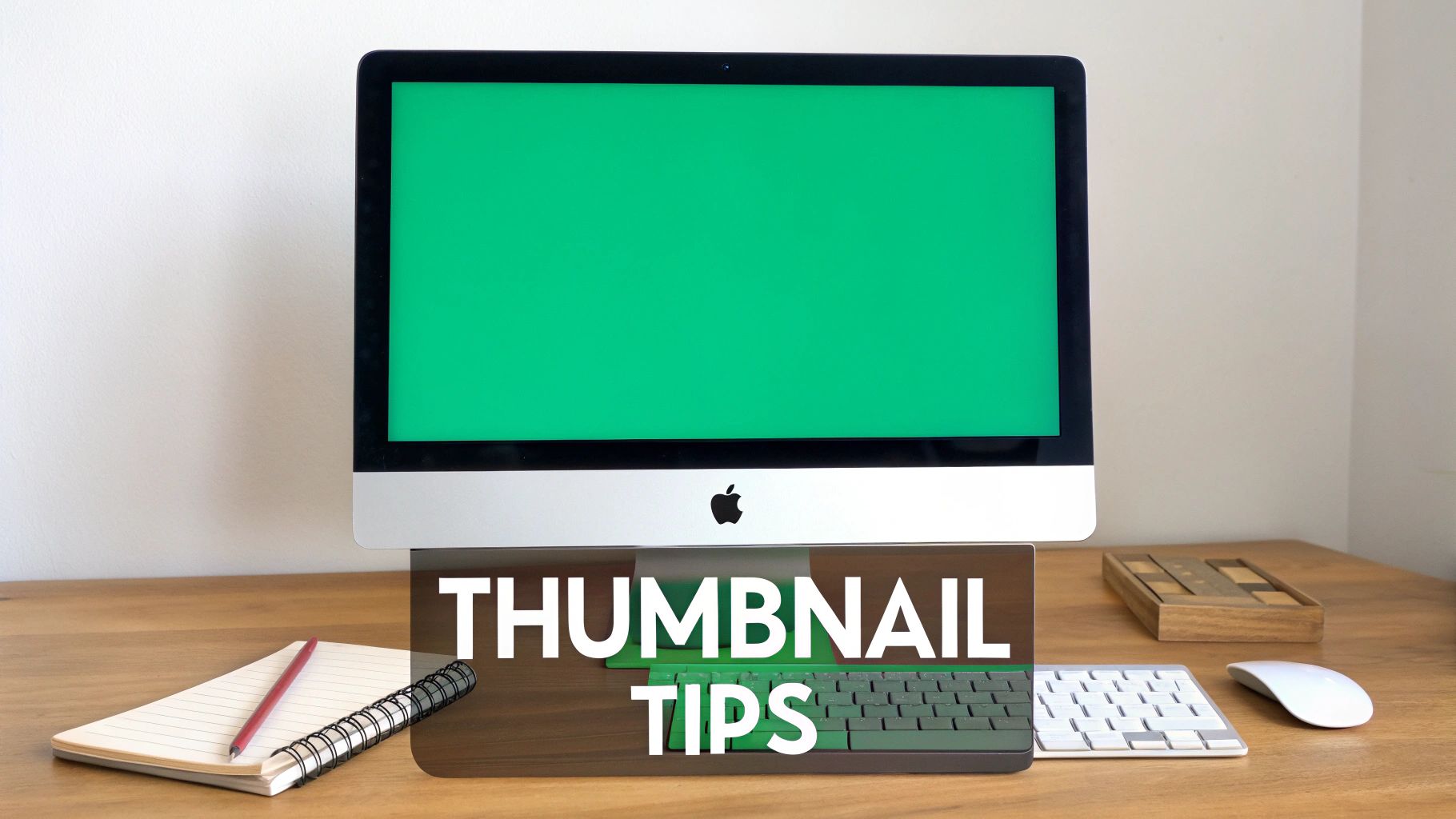 An Apple iMac with a green screen displaying 'THUMBNAIL TIPS' on a wooden desk with a notebook and peripherals.