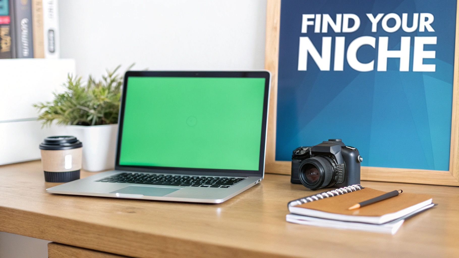 A creative workspace with a laptop (greenscreen), coffee, plant, camera, and a 'Find Your Niche' poster.