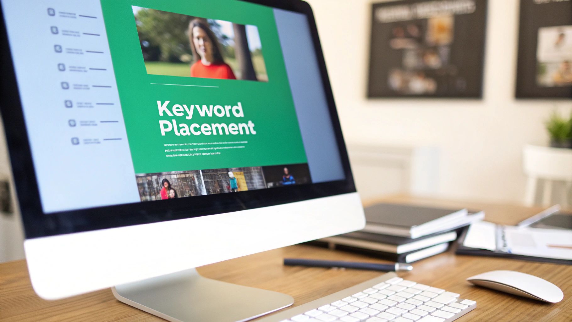 A computer screen displays a presentation on keyword placement in an office setting with a keyboard and mouse.