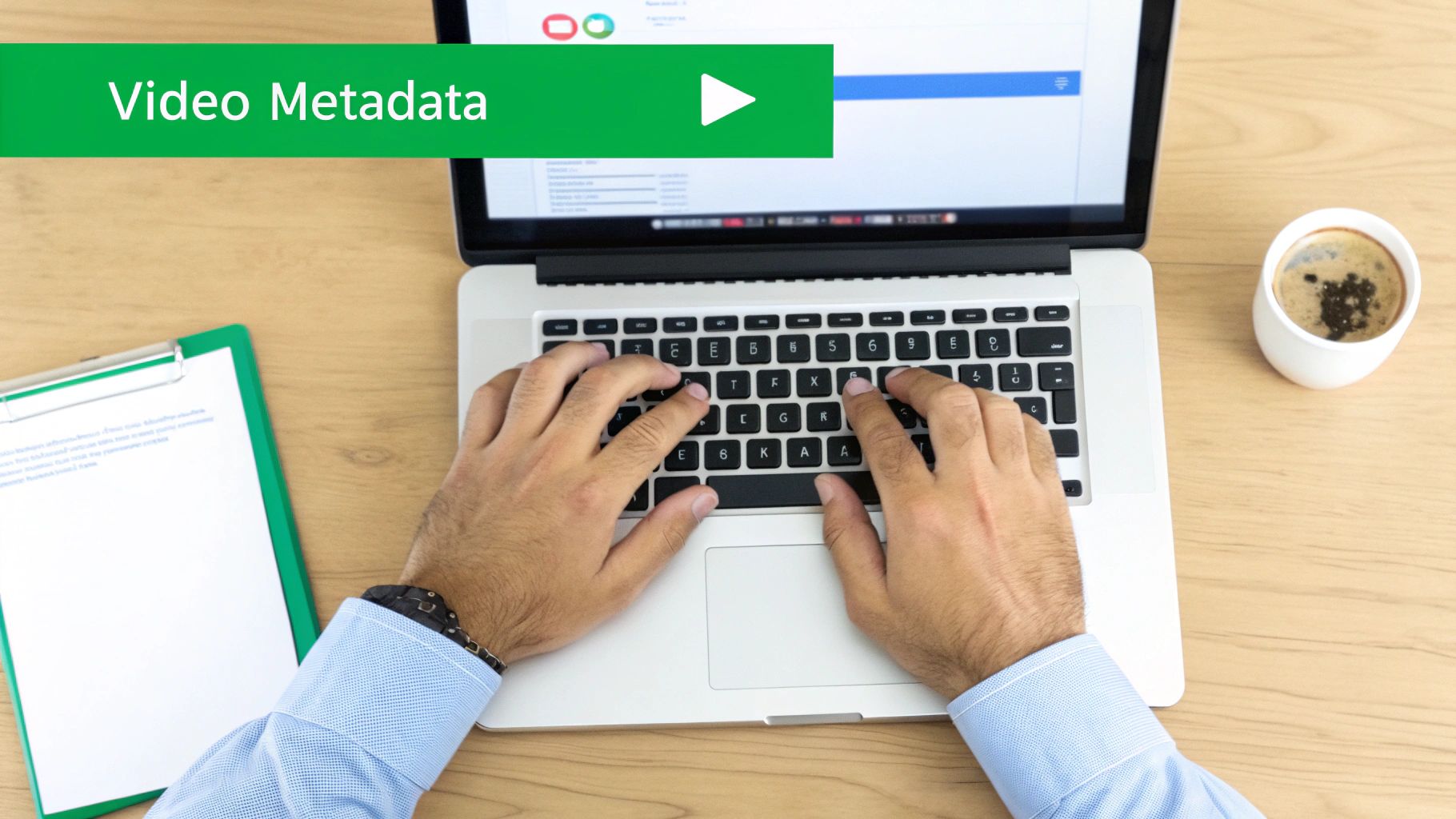 A close-up of a YouTube upload screen showing the title, description, and tags fields being filled out.