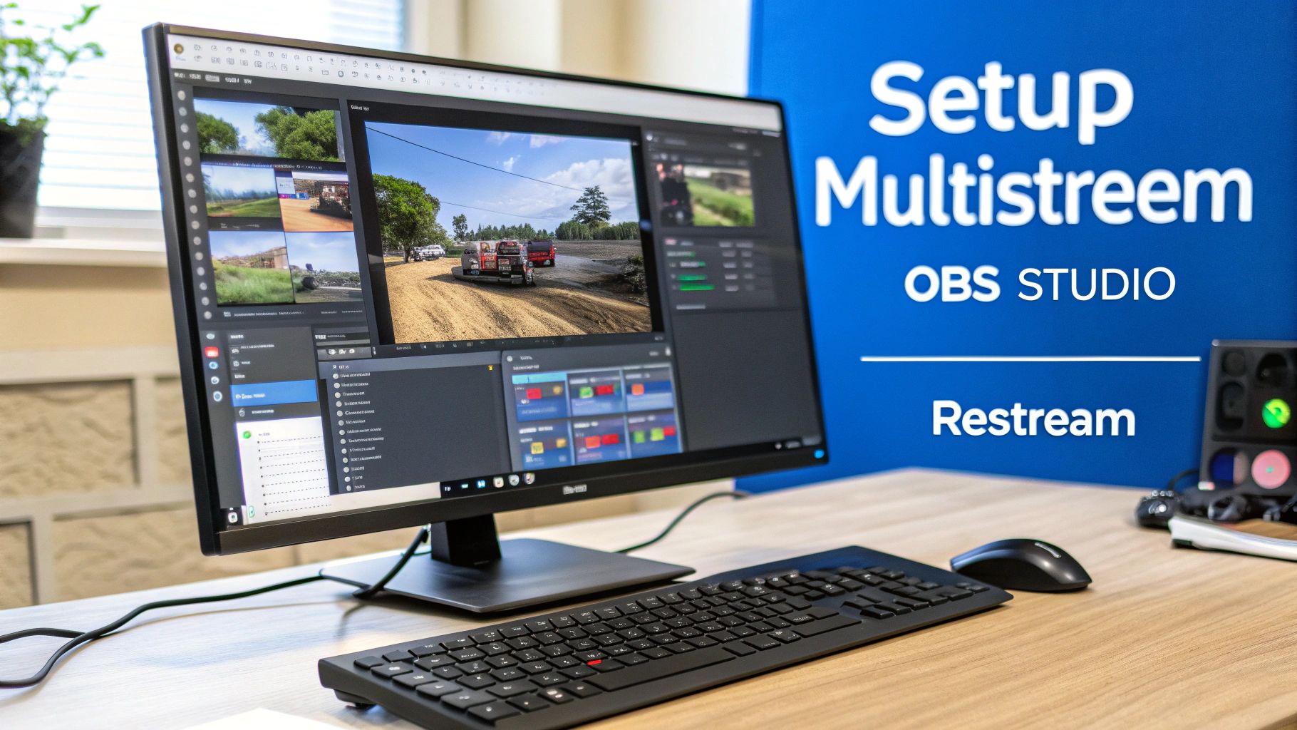 A creator's desk setup showing a microphone, headphones, and a monitor displaying streaming software.