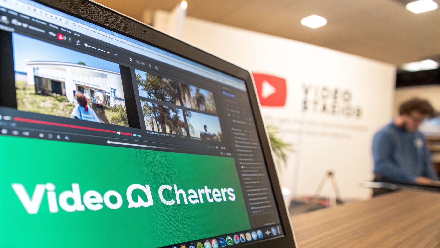 A creator navigating the advanced features within YouTube Studio on a laptop.