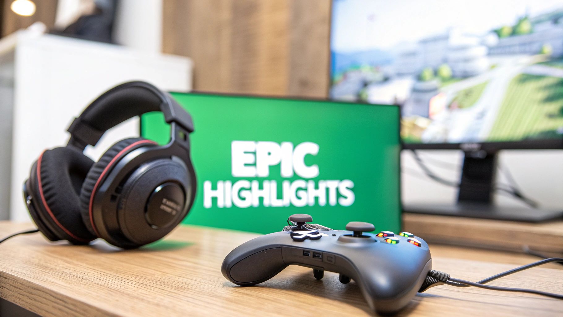 Gaming setup featuring a black headset, controller, and screens displaying 'EPIC HIGHLIGHTS' and gameplay.