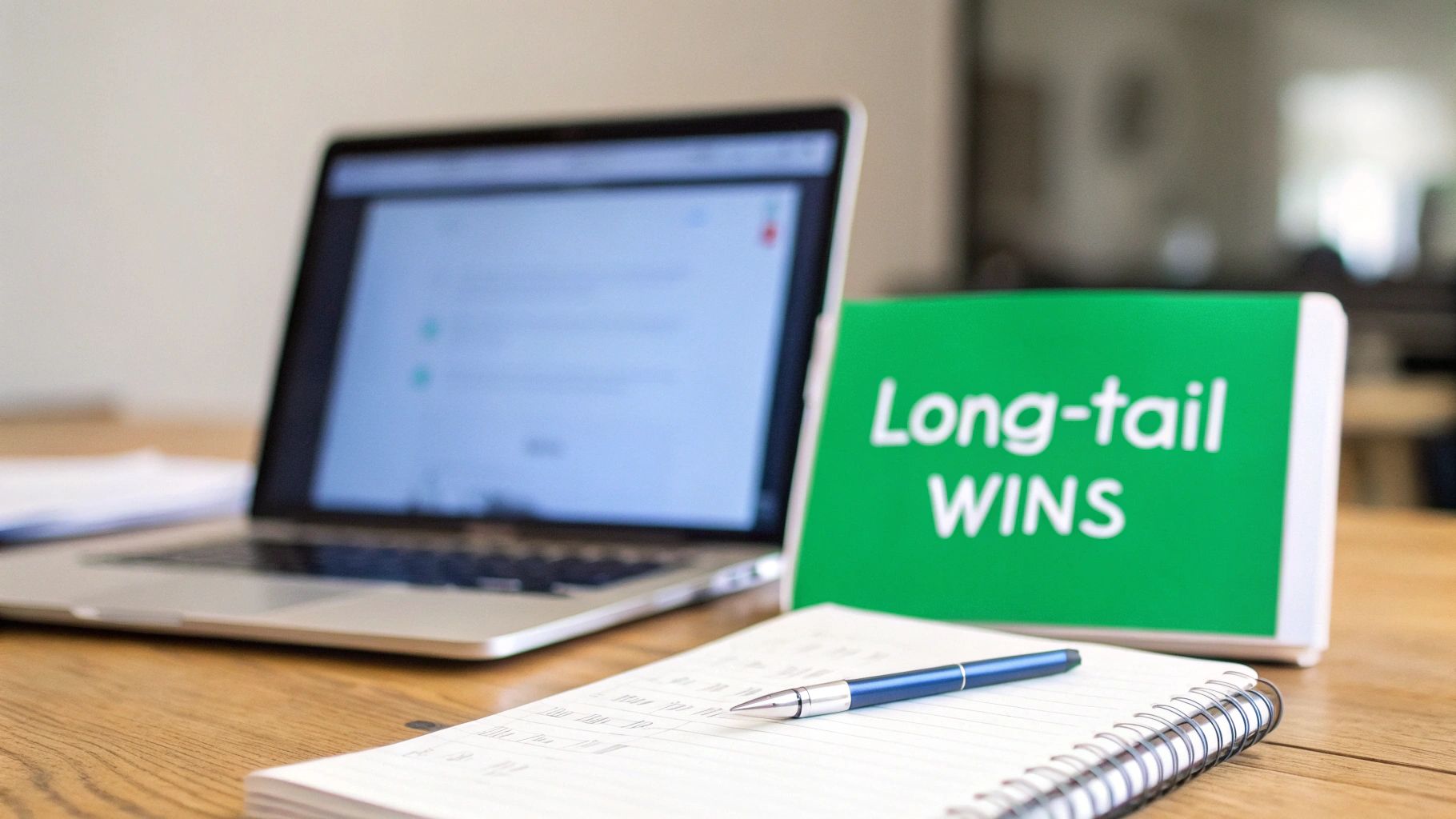 A laptop, green sign with 'Long-tail WINS' text, a notebook, and a pen on a wooden desk.