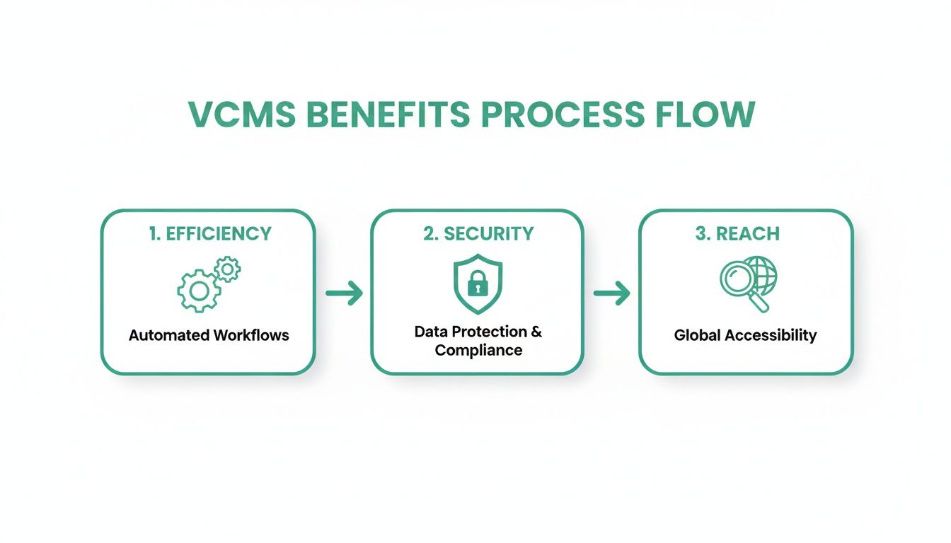 VCMS benefits process flow illustrating efficiency, security, and global reach through automated workflows and data protection.