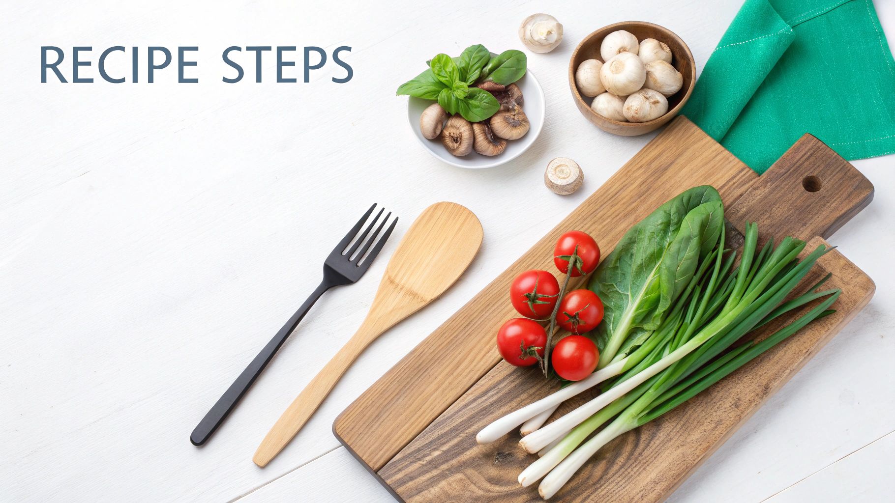 Fresh vegetables, mushrooms, and cooking utensils with 'RECIPE STEPS' text on a white wooden background.
