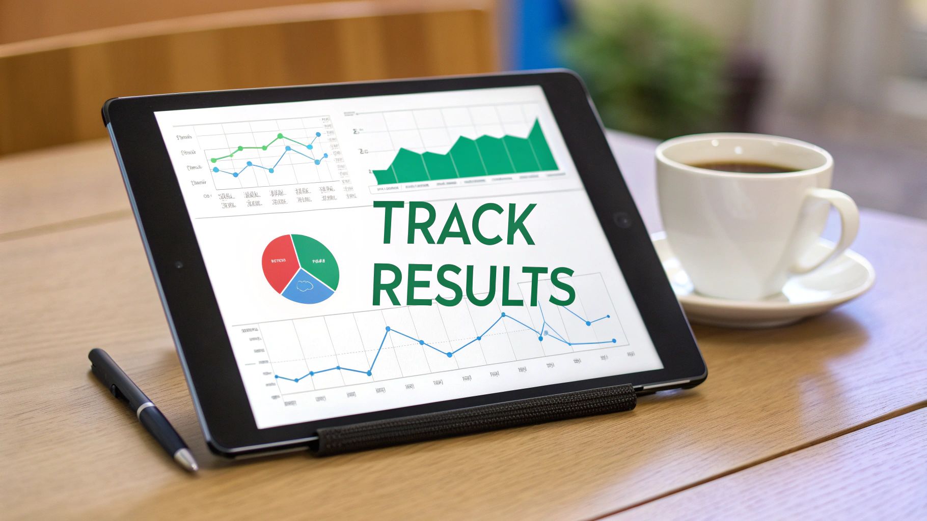 An iPad on a wooden table displays various charts, graphs, and the text 'TRACK RESULTS'. A pen and a coffee cup are next to it.