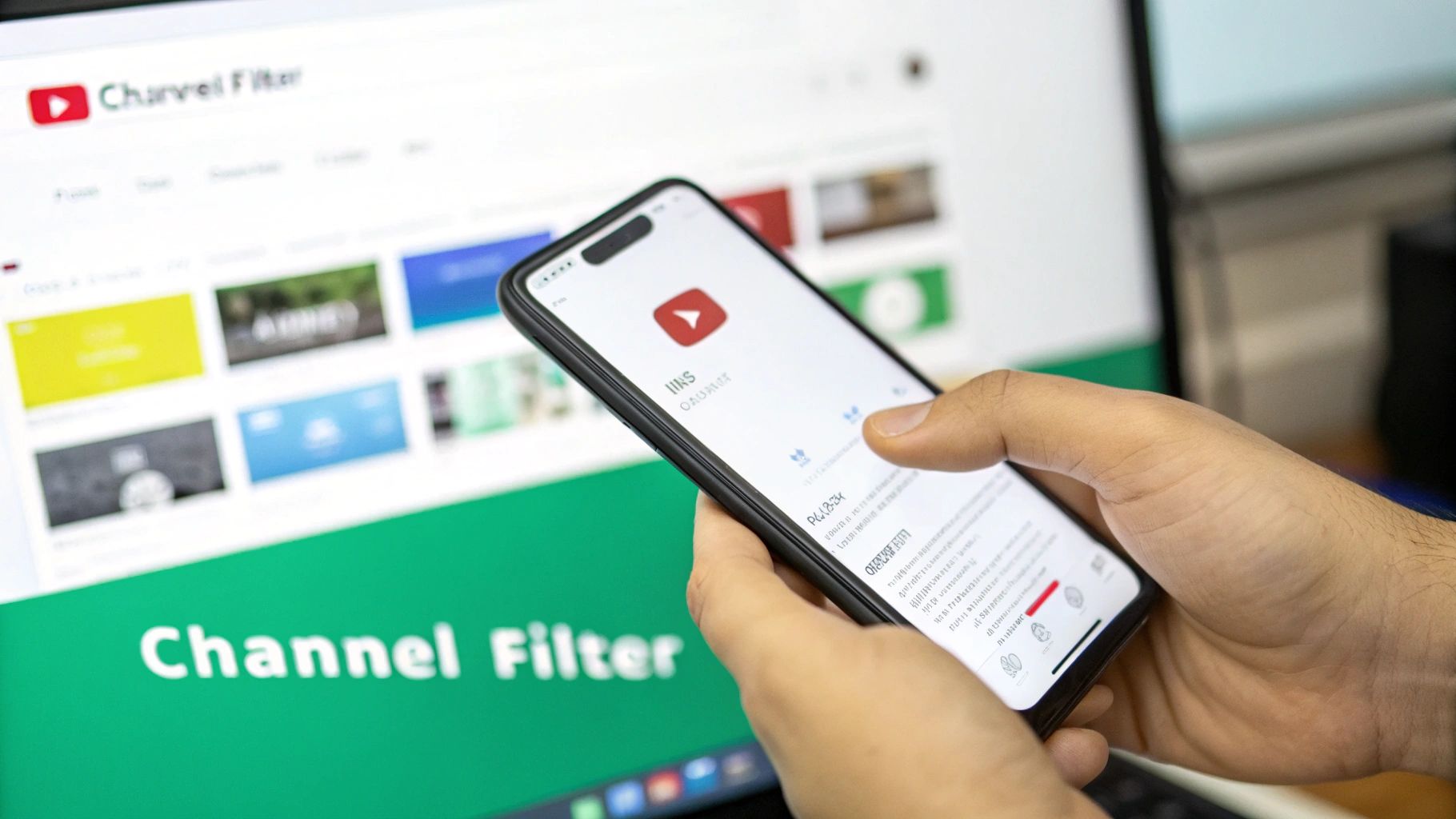 Hands holding a smartphone displaying YouTube in front of a monitor with 'Channel Filter' interface.