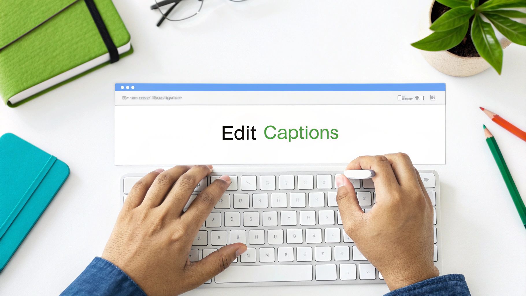 Person typing on keyboard to edit captions with browser window displaying edit captions interface
