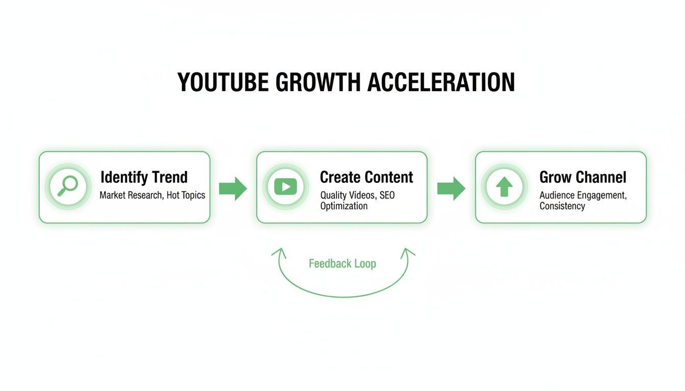 Flowchart illustrating YouTube growth acceleration, detailing steps like trend identification, content creation, and channel growth with a feedback loop.