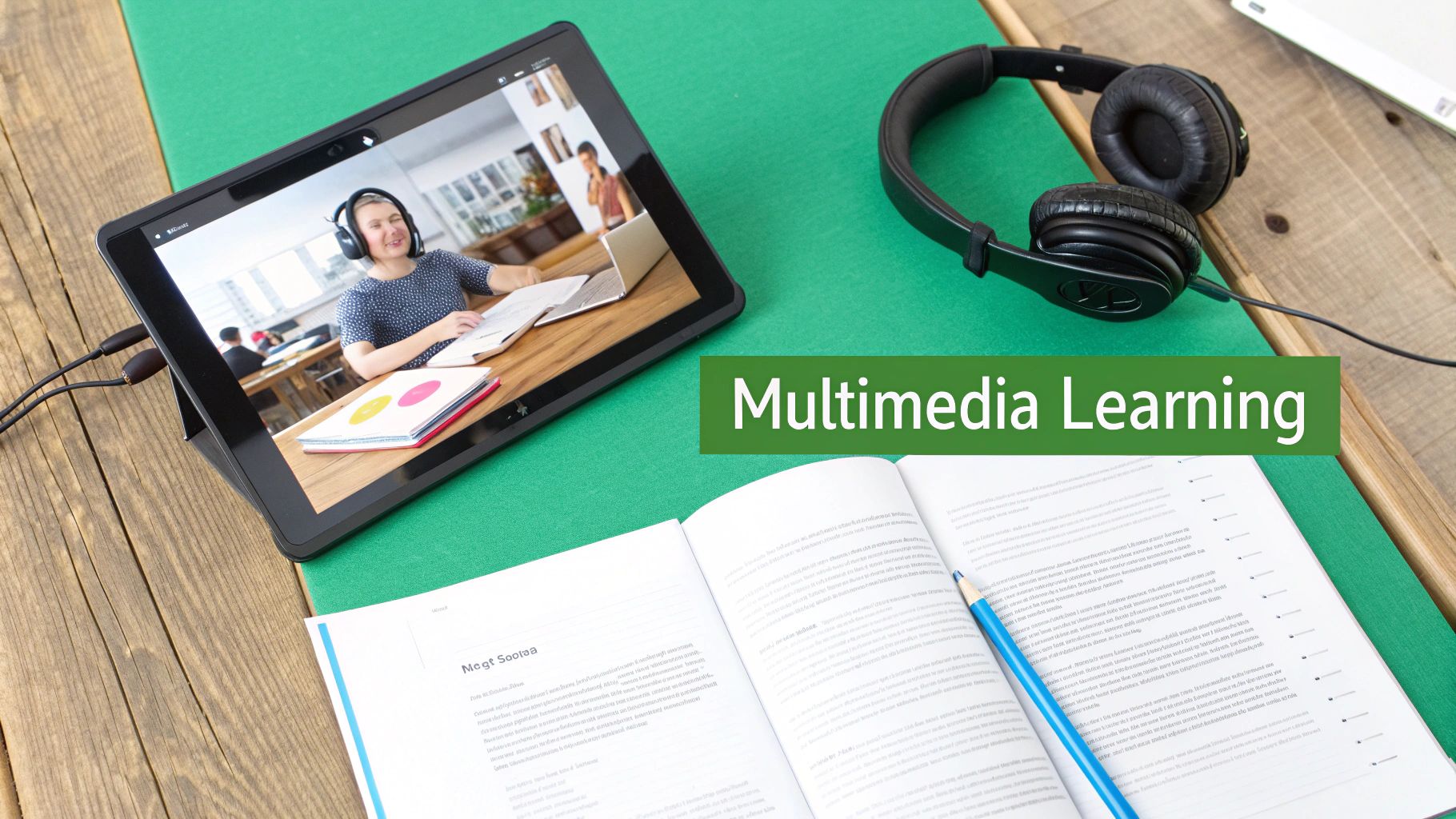 A tablet displays an online lecture with a person wearing headphones, next to an open book and pencil.