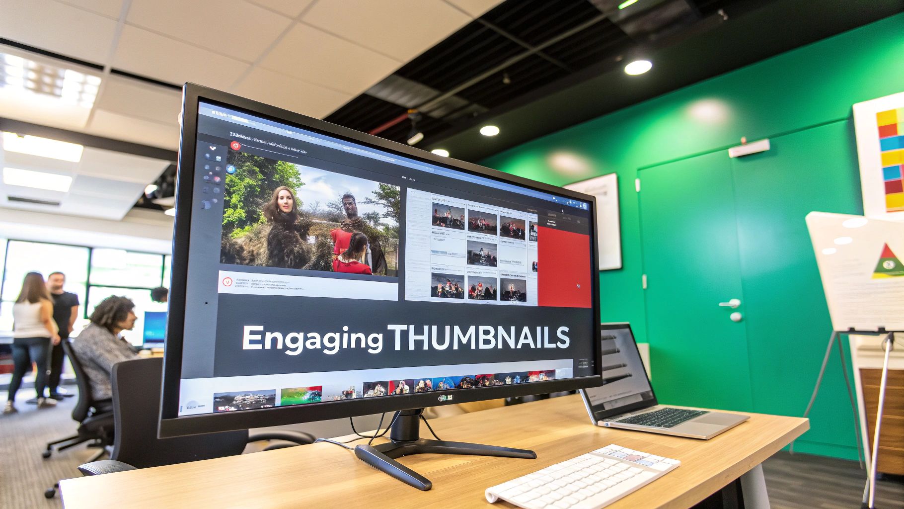 A person typing on a laptop with YouTube analytics charts displayed on the screen.
