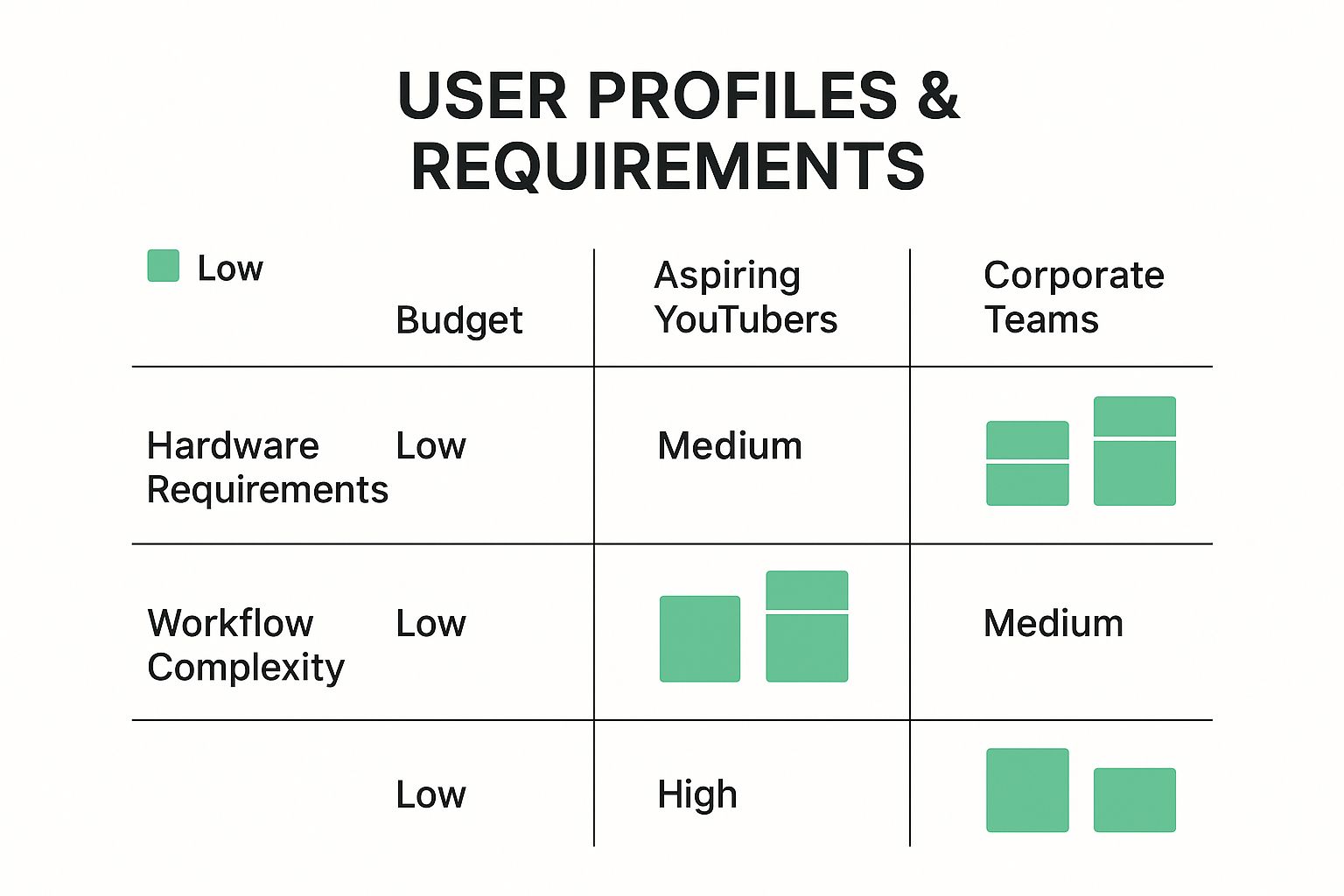 Infographic comparing user profiles for video production software, showing varying levels of budget, hardware needs, and workflow complexity for YouTubers, Filmmakers, and Corporate Teams.