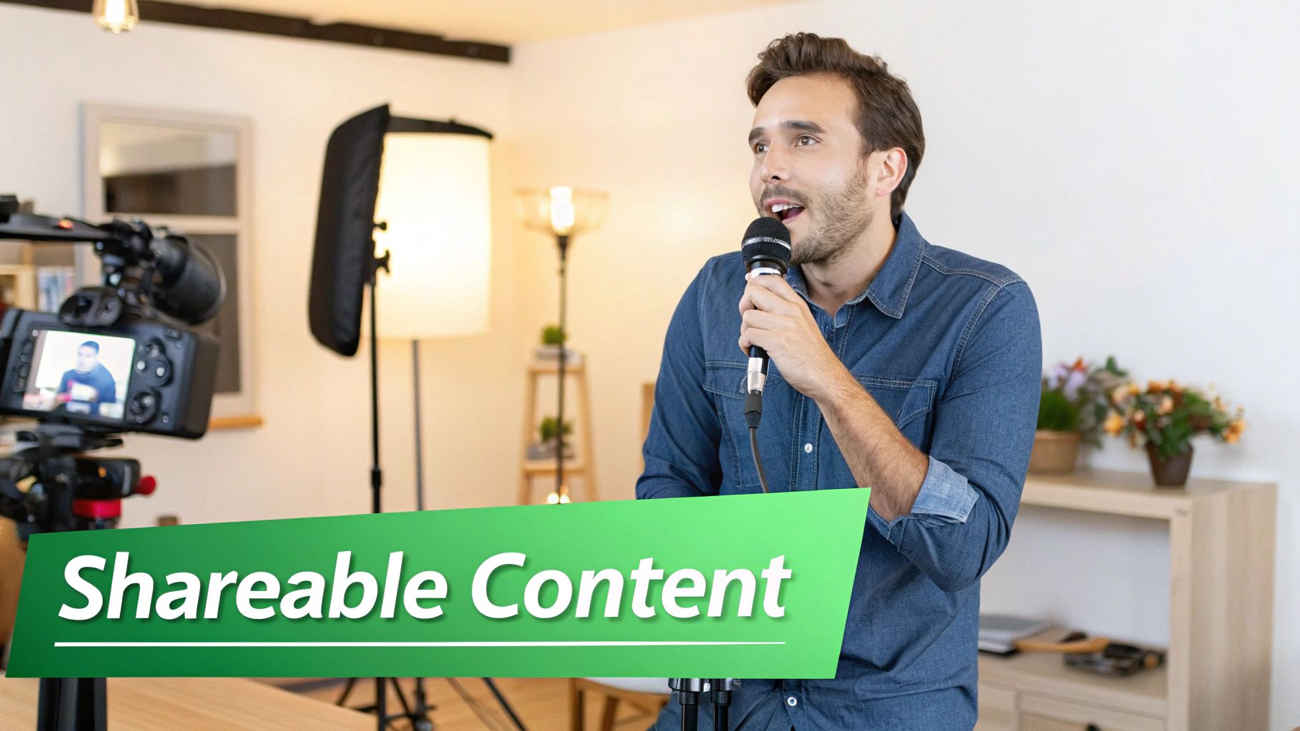 A person filming a YouTube video with a professional microphone and lighting setup.