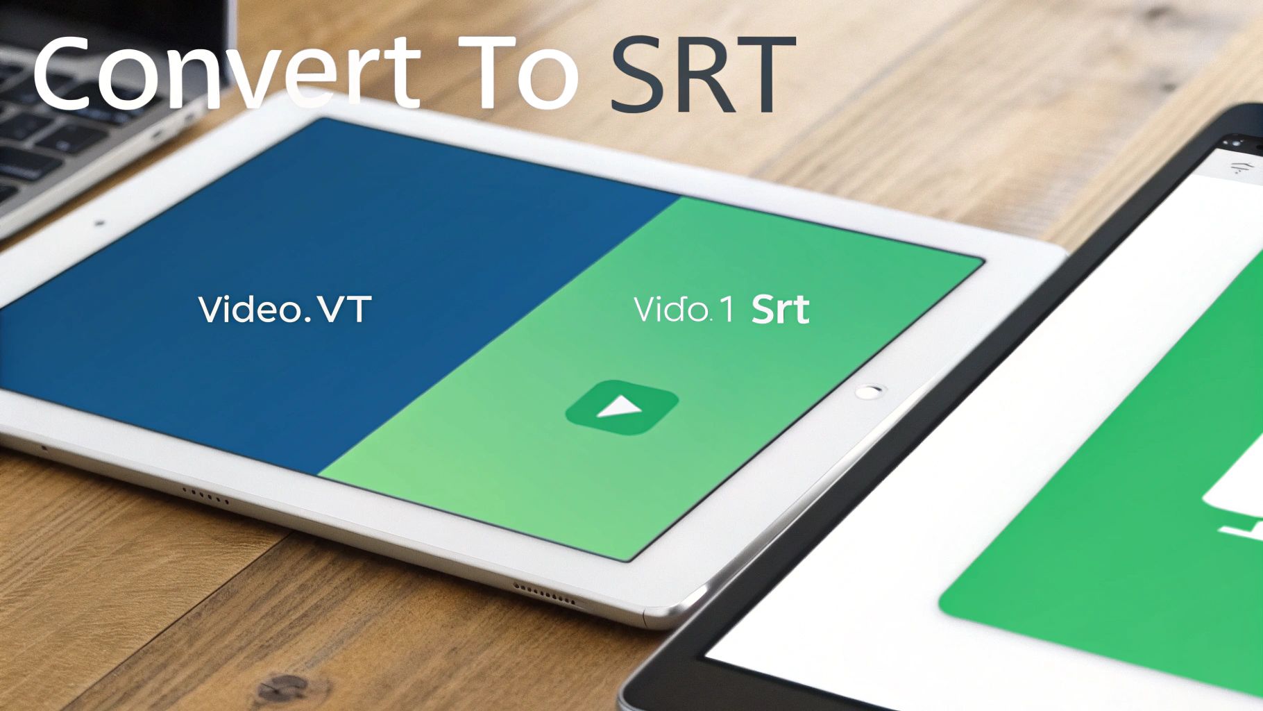 Tablet screen showing video conversion from VT format to SRT subtitle file format